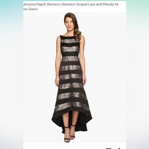 Adrianna Papell Black & Gold Lace Striped High Low Hem Taffeta Gown Sz.14